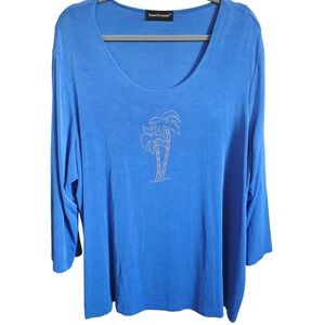 Travel Elements 2X Blue Palm Tree Rhinestone Embellished Liquid Slinky Top USA